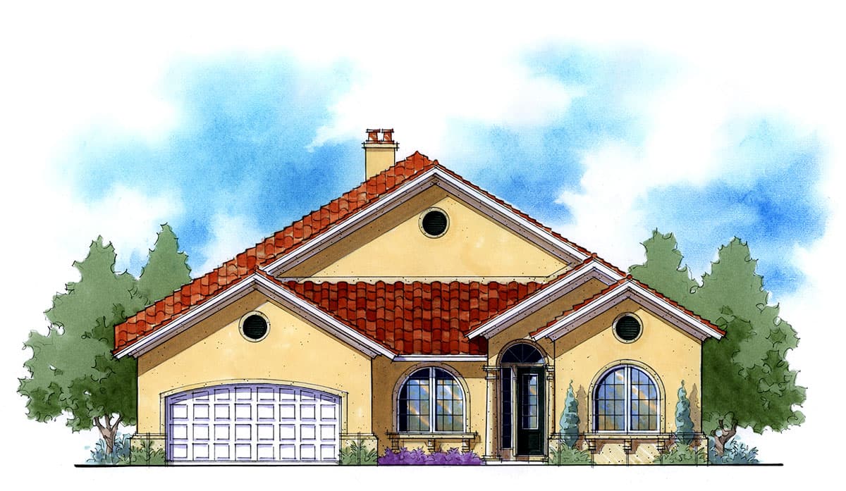 House plan exterior with clay tile roof, arched windows, a front-entry portico, and a two-car garage. Features round attic vents.