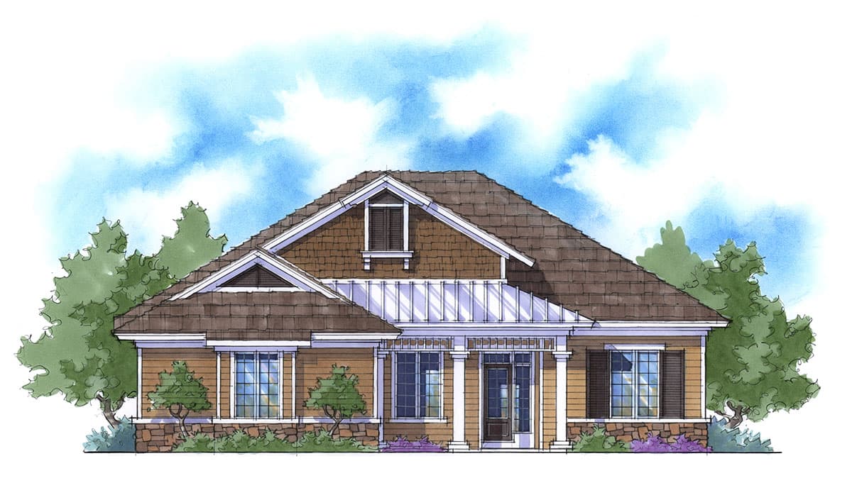 House plan exterior: Craftsman style, one story, with a covered porch, gable dormer and stone foundation.