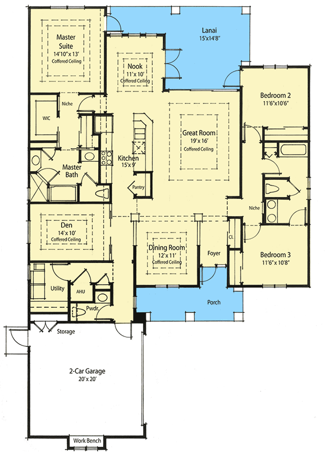 Plan 33019ZRX: 2190 Sq Ft 3-Bed Country House Plan on One Story  - Floor Plan - Main Level - European, Ranch, Southern