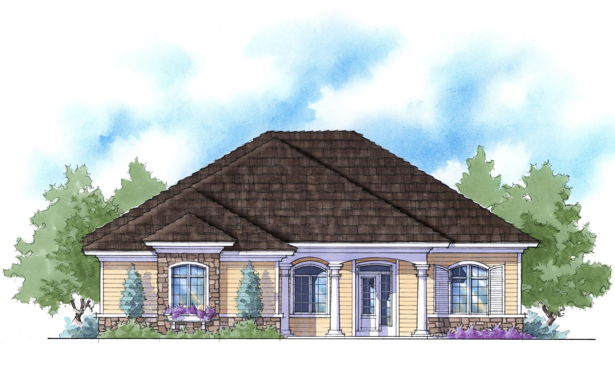 House plan exterior: One-story home with arched windows, a covered entry with columns, and stone and siding accents.