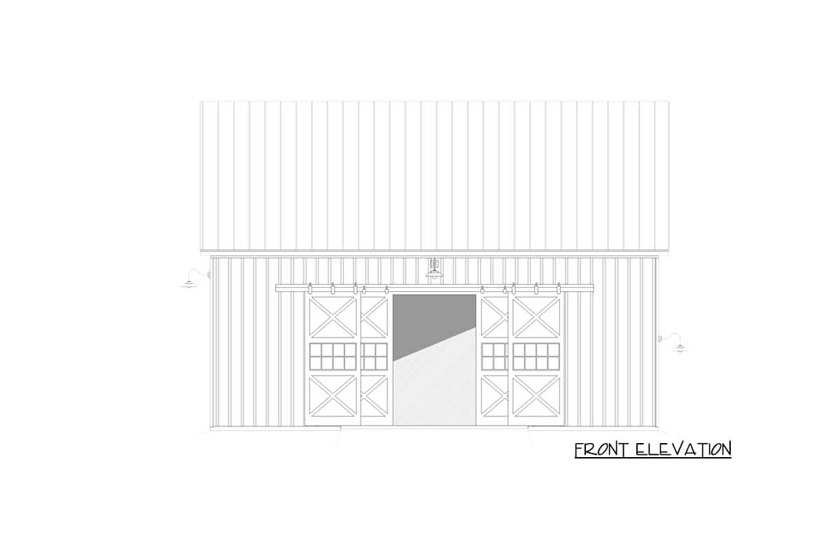 Front elevation drawing of a house plan featuring vertical siding, a standing seam metal roof, and double barn doors with windows.