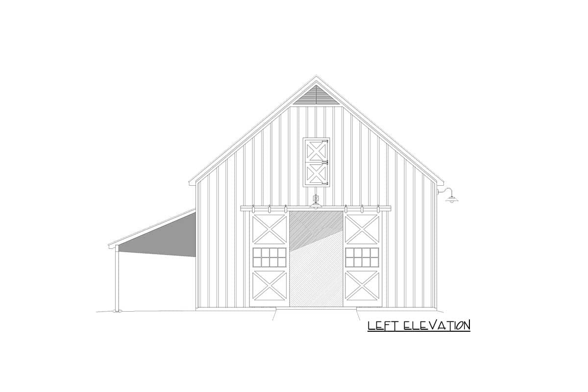Left elevation drawing of a barn-style house plan with vertical siding, gable roof, and sliding barn doors.
