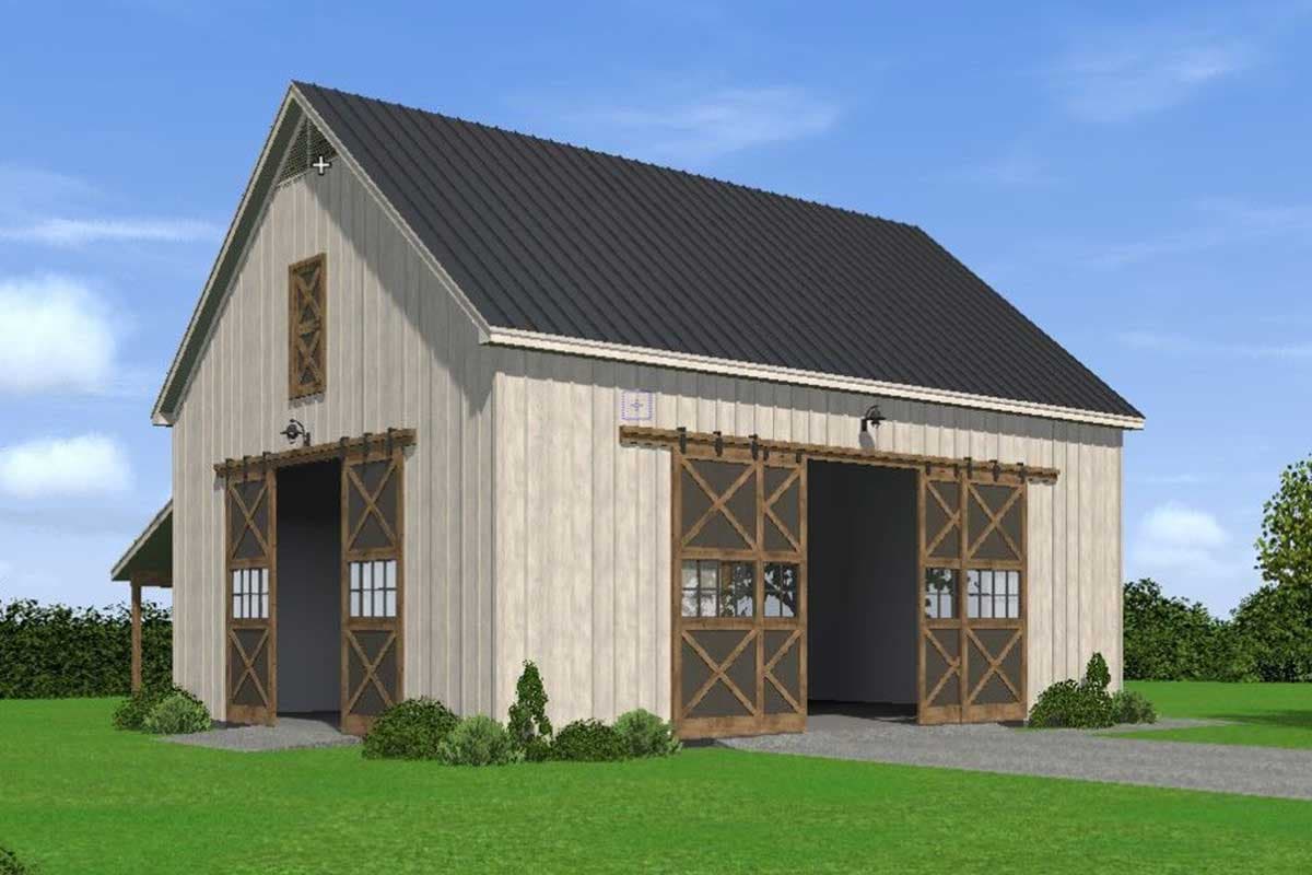House plan exterior with two sliding barn doors, gable roof, and vertical siding. Features include decorative cross bracing and a shed roof.