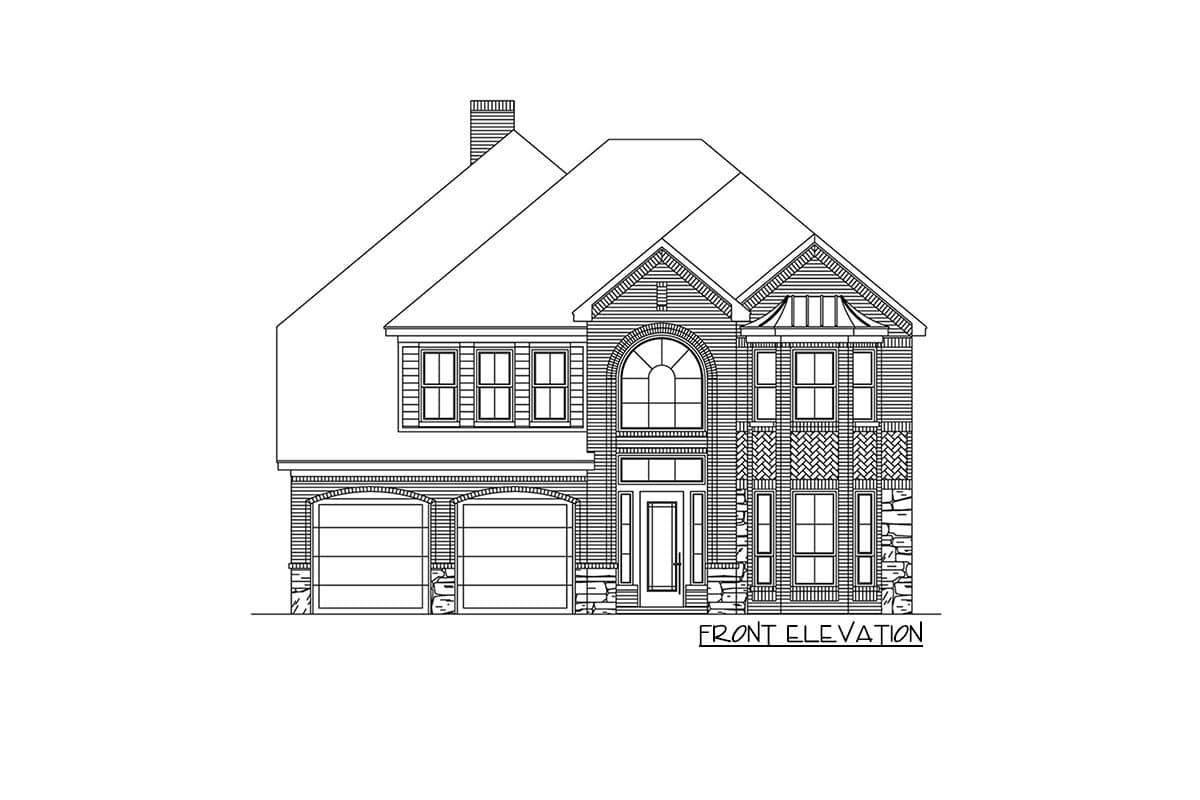 Front elevation house plan featuring a two-story design, double garage, arched entryway window, and varied exterior textures.