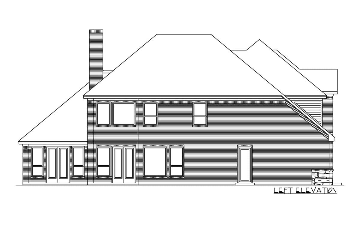Left elevation drawing of a two-story house plan featuring a prominent chimney, varied rooflines, multiple windows, and French doors.
