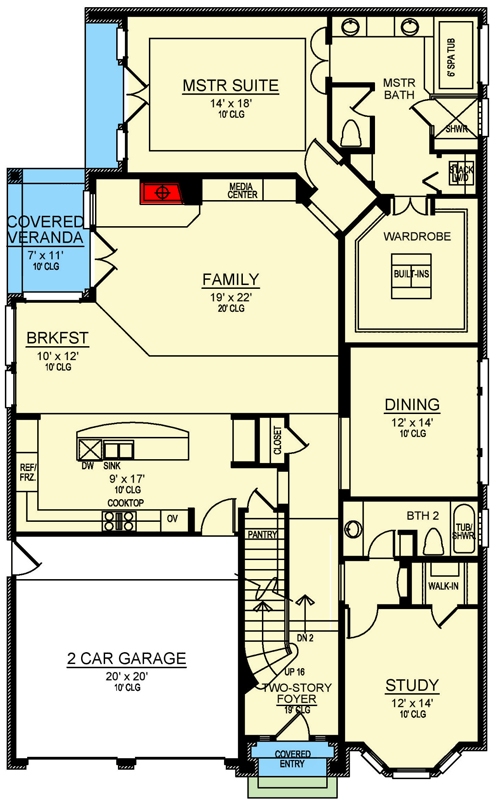 Plan 36434TX: Narrow Traditional Home Plan with 2-Story Foyer and Family Room - Floor Plan - Main Level - European, French Country, Hill Country, Southern