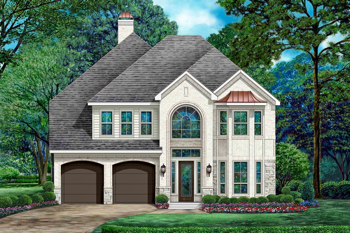 House plan exterior featuring a two-story design with gabled rooflines, arched entry, and a two-car garage. Stone and brick facade.