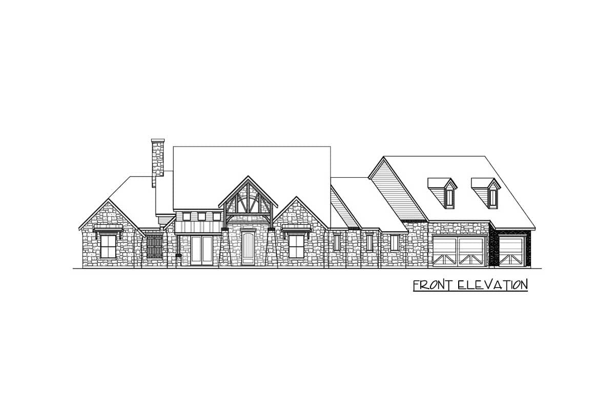 Front elevation drawing of a stone-clad house with multiple gables, a prominent chimney, and a three-car garage.
