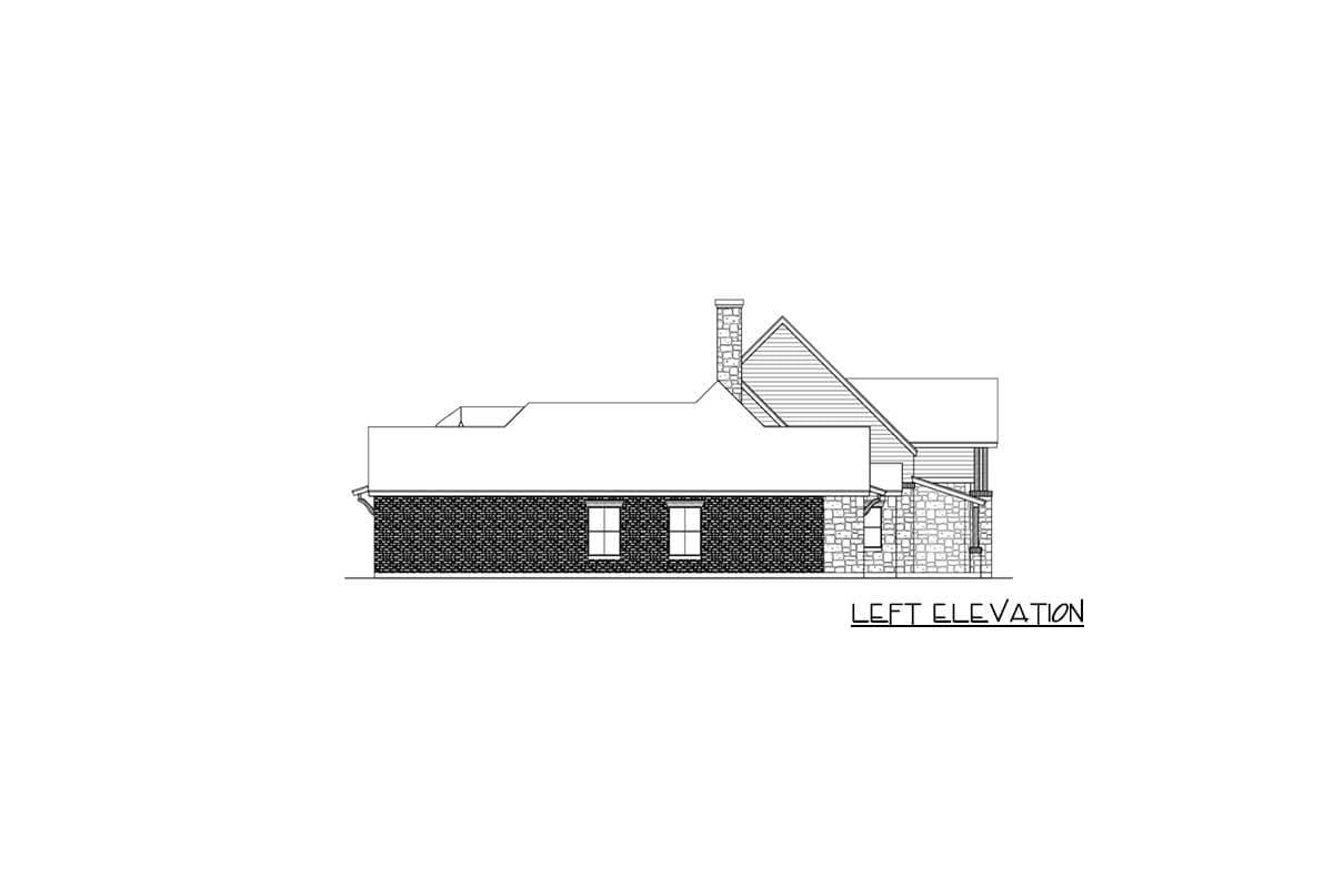 Left elevation drawing of house plan with brick and stone exterior, multiple rooflines, and chimney.