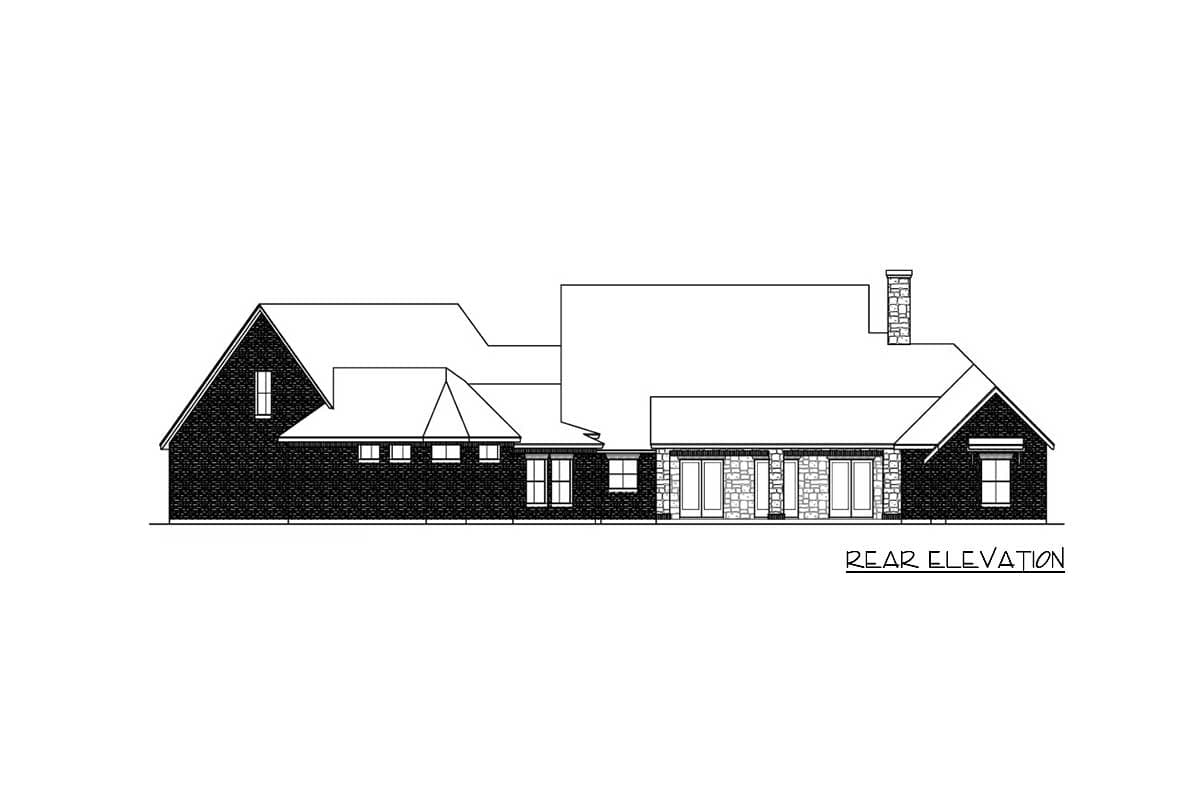 Rear elevation drawing of a house plan with multiple gables, brick and stone exterior, and a chimney.