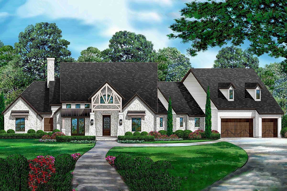 House plan exterior. Two-story home with a gabled roof, stone facade, and a covered front porch with timber framing.