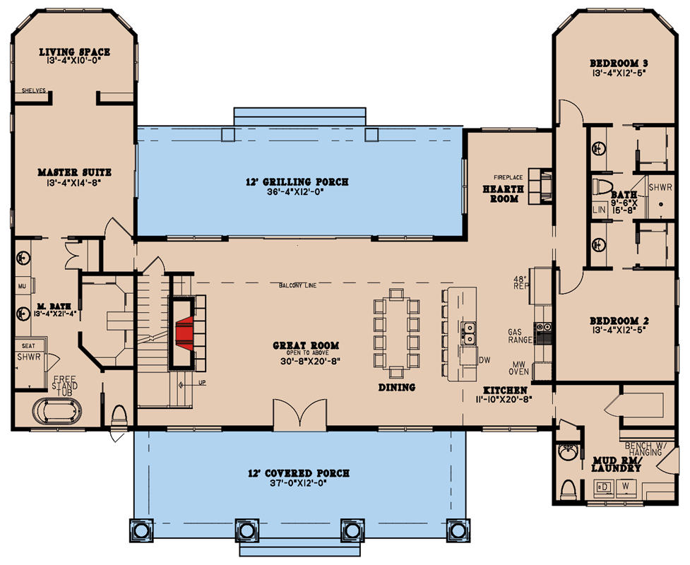 Plan 70713MK: Country-Style 5-Bed House Plan with Matching 2-Car Garage Apartment - 3448 Sq FT - Floor Plan - Main Level - Cottage, Country, Craftsman, Mountain, Rustic, Shingle