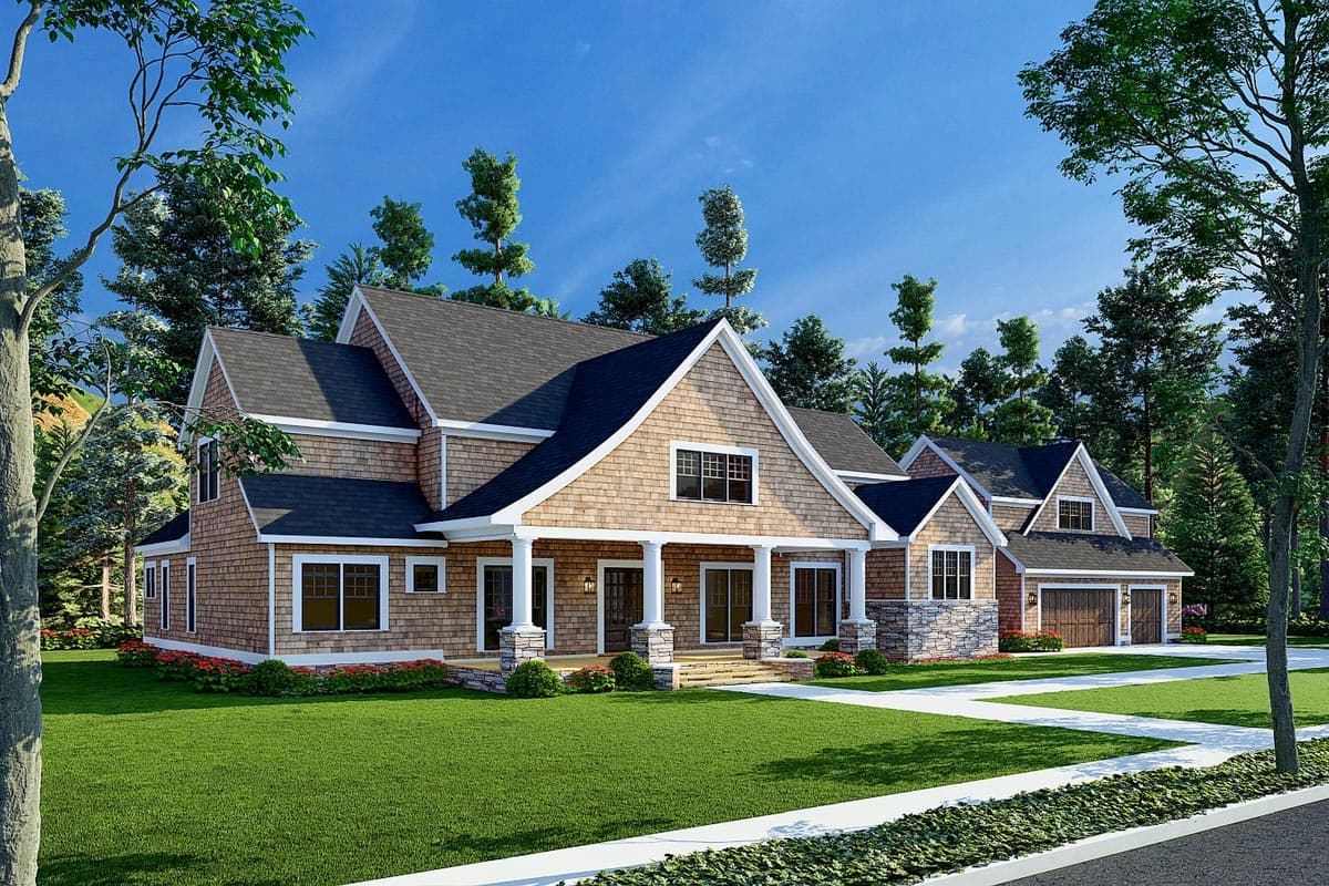 House plan exterior with shingle siding, gables, prominent porch with columns, and attached two-car garage.
