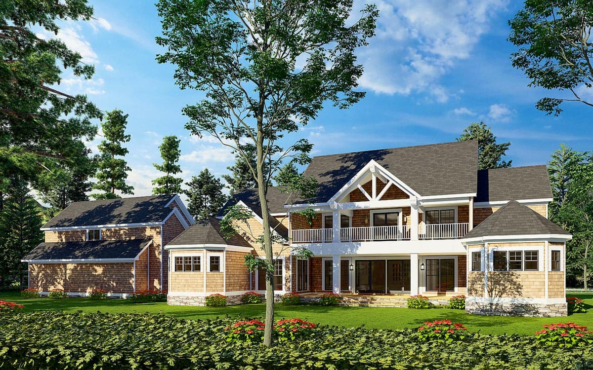 House plan exterior: Two-story Modern Farmhouse with cedar shake siding, white railings, large windows, and gabled dormers.