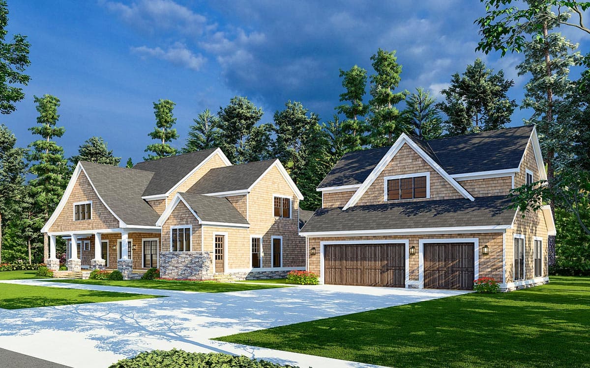 House plan exterior: two-story Modern Farmhouse with gabled dormers, covered porch, stone accents, and a three-car garage.