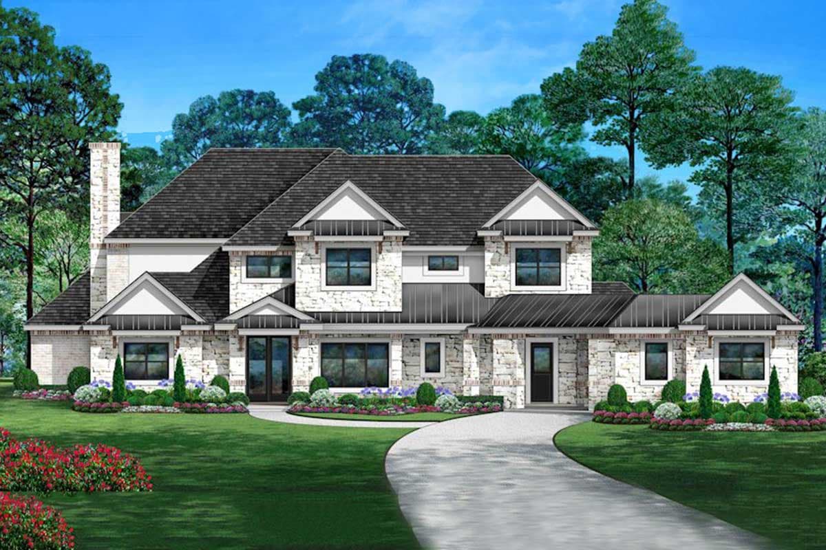 House plan exterior. Two-story home with stone facade, multiple gables, and a mix of gable and flat rooflines. Features a curved driveway and chimney.