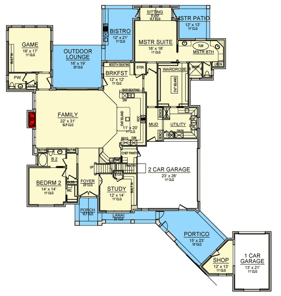 Plan 36613TX: Elegant Traditional Home Plan with Hip Roof Lines, a Game Room and Upstairs Expansion - Floor Plan - Main Level - European, Southern, Traditional, Transitional