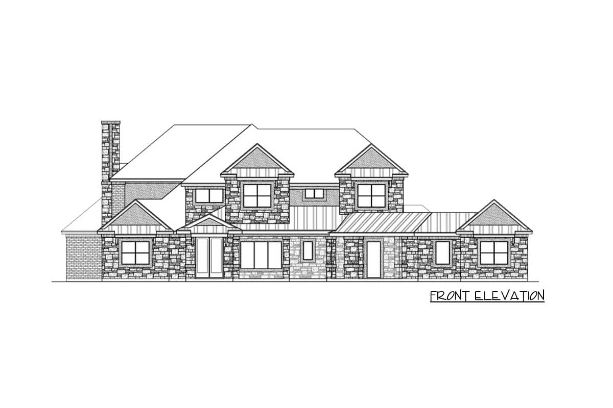 Front elevation house plan with stone and brick exterior, multiple gables, and prominent chimney.