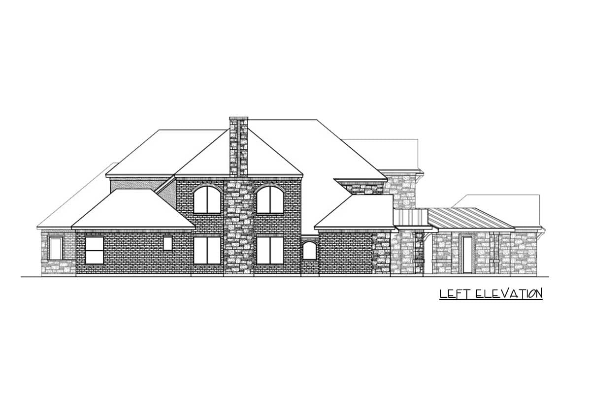 Left elevation house plan drawing with brick and stone exterior, prominent gables, arched windows, and a covered entryway.