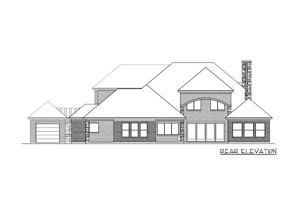 Rear elevation drawing of a two-story house with a detached garage, brick exterior, arched windows, and a prominent chimney.