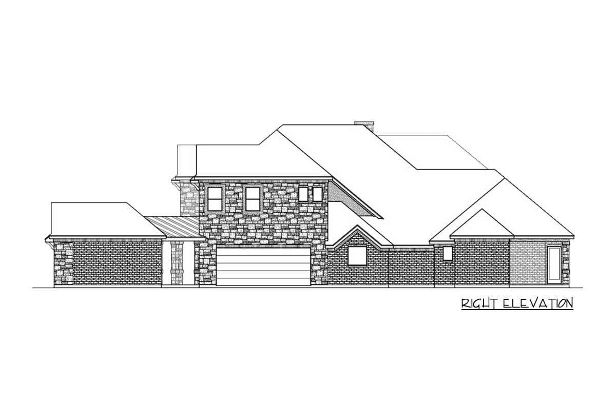 Right elevation house plan drawing showing two stories, stone and brick facade, and attached garage with gabled rooflines.