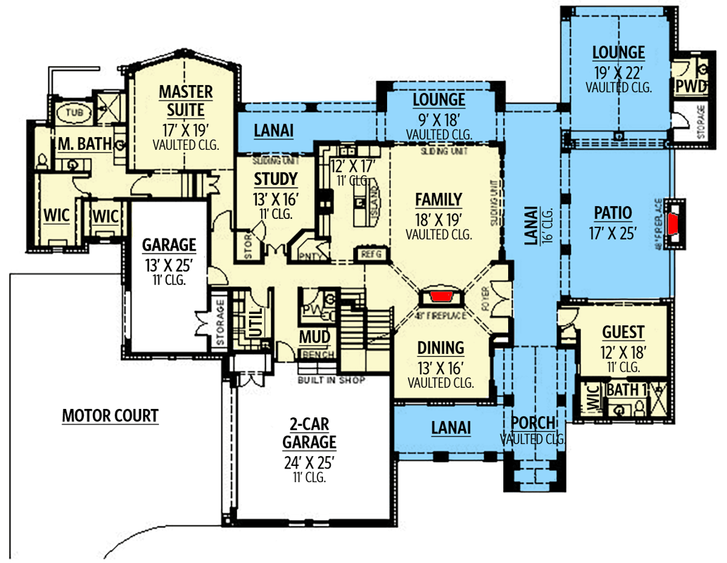 Plan 36665TX: Transitional House Plan with an Abundance of Lanai Space - Floor Plan - Main Level - Contemporary, European, Hill Country, Transitional