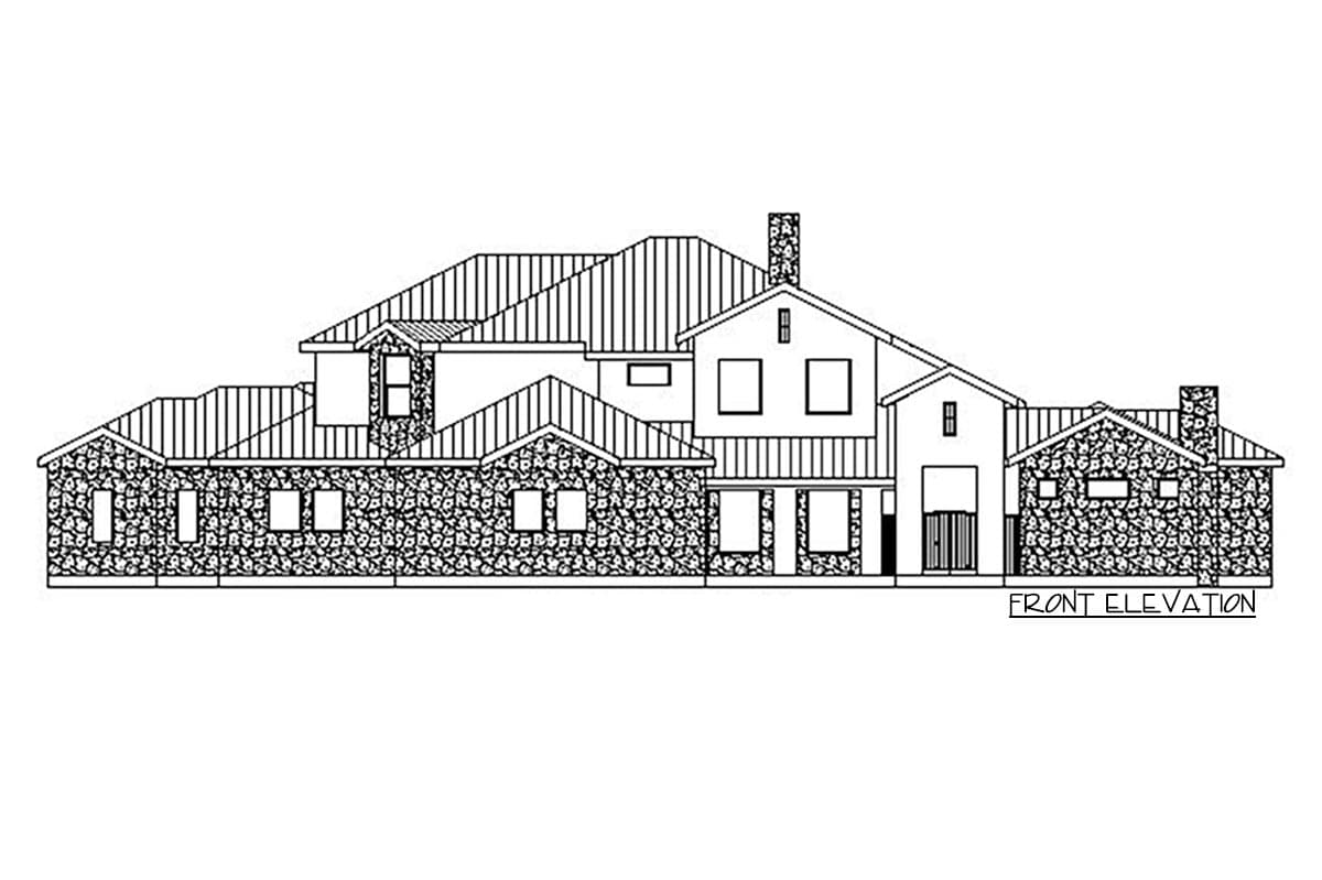 Front elevation drawing of a multi-story house with stone accents, varied rooflines, gables, dormers, and a prominent chimney.