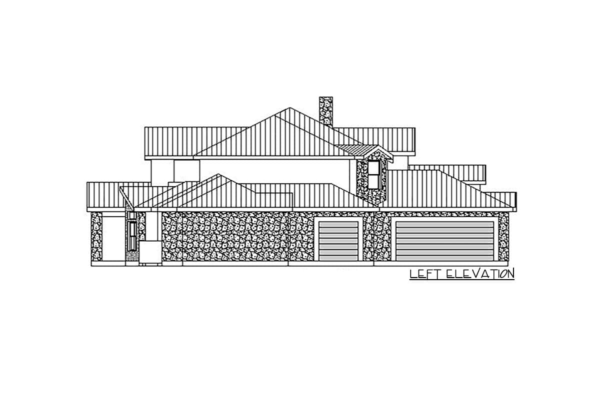 Left elevation drawing of a two-story house plan with a stone base, two-car garage, and prominent rooflines.