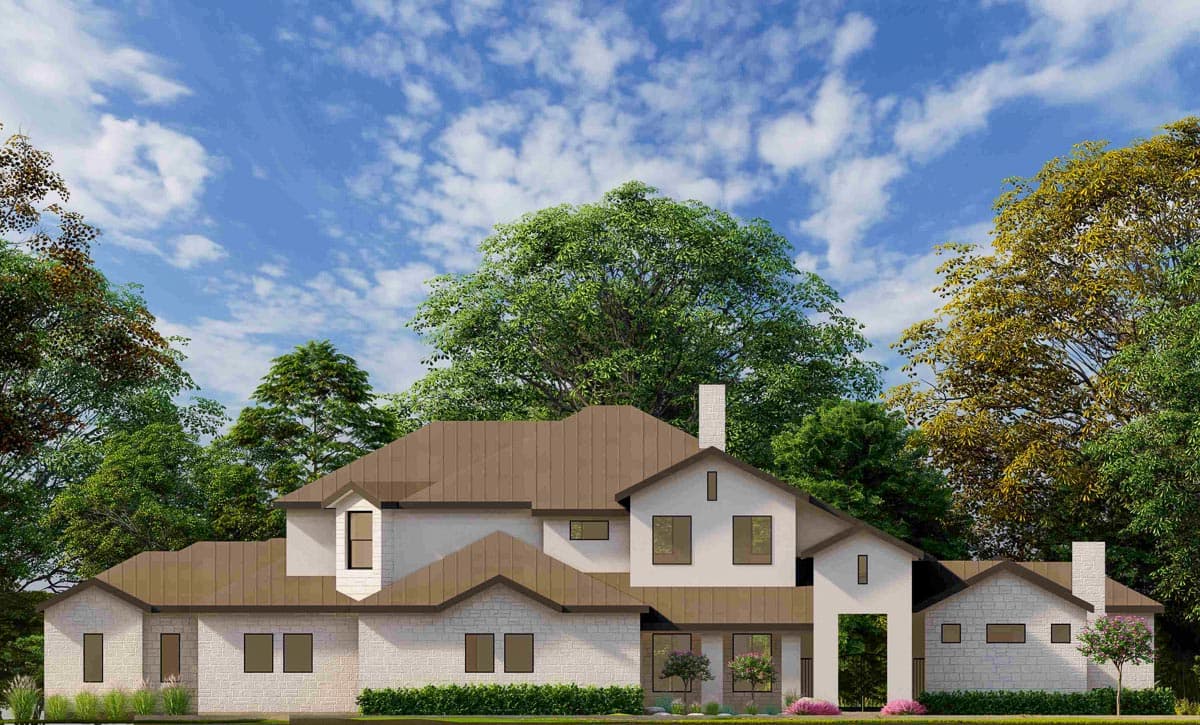 House plan exterior. Two-story home with a gabled roof, brick veneer, and a chimney. Features include a covered entry and dormer windows.