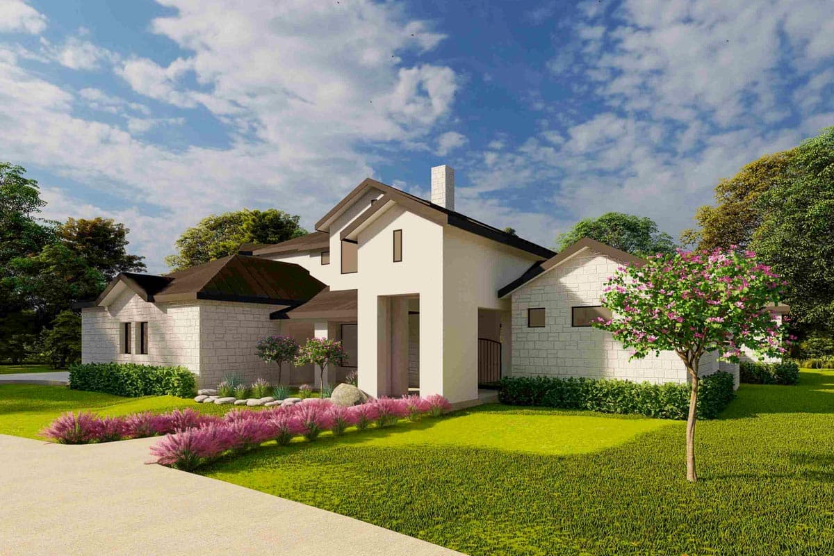 House plan exterior: Two-story modern home with stone accents, a prominent chimney, asymmetric gables, and a covered entryway.