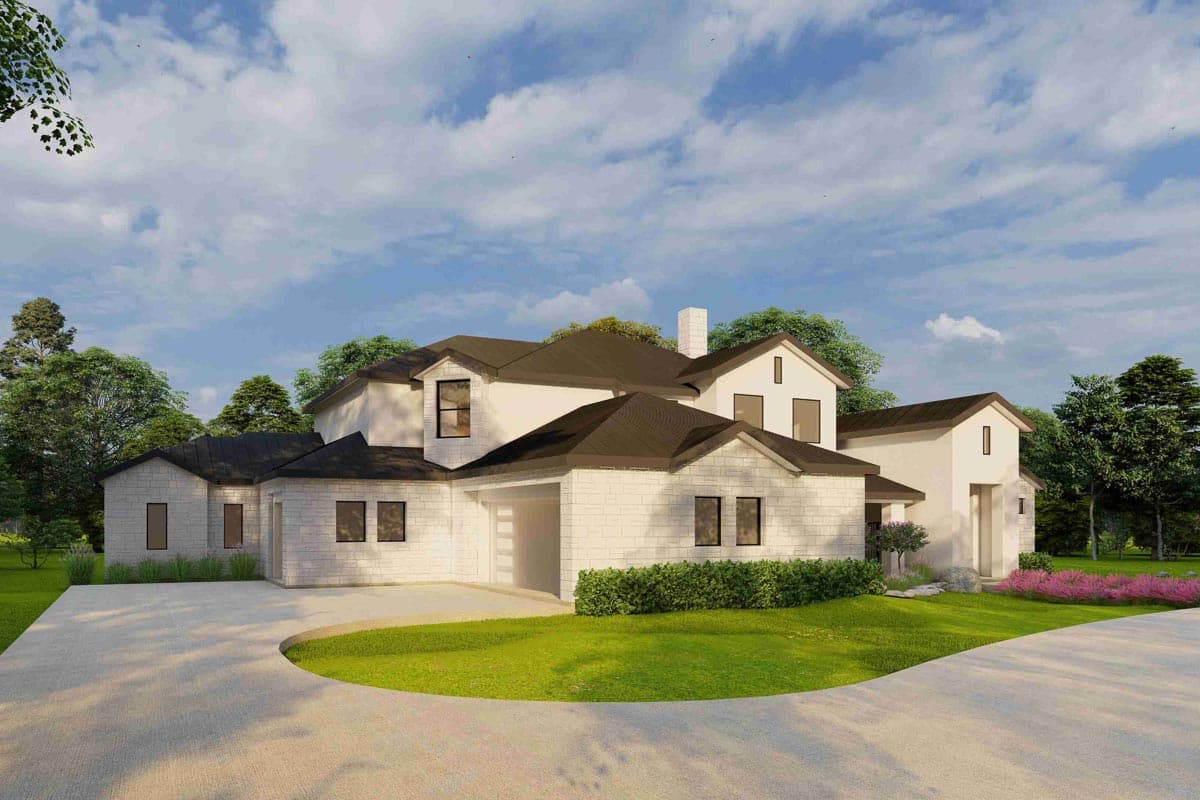 House plan exterior: Two-story Modern Farmhouse with stone accents, gabled rooflines, and attached garage.