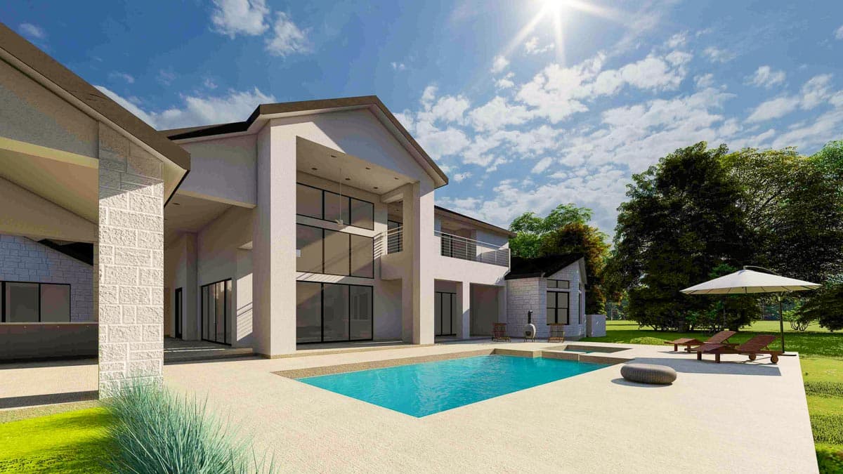 Modern two-story house plan exterior with large windows, balconies, covered patio, and swimming pool.
