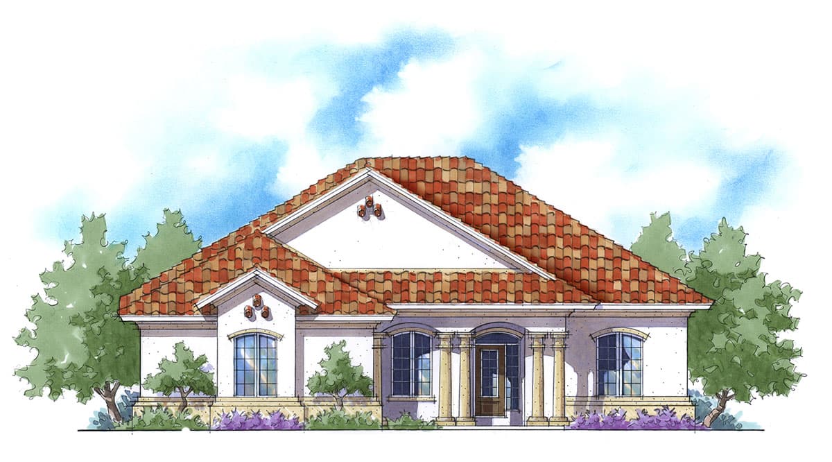 House plan exterior: one-story, Spanish-style with tiled roof, arched windows, and columned entry portico.
