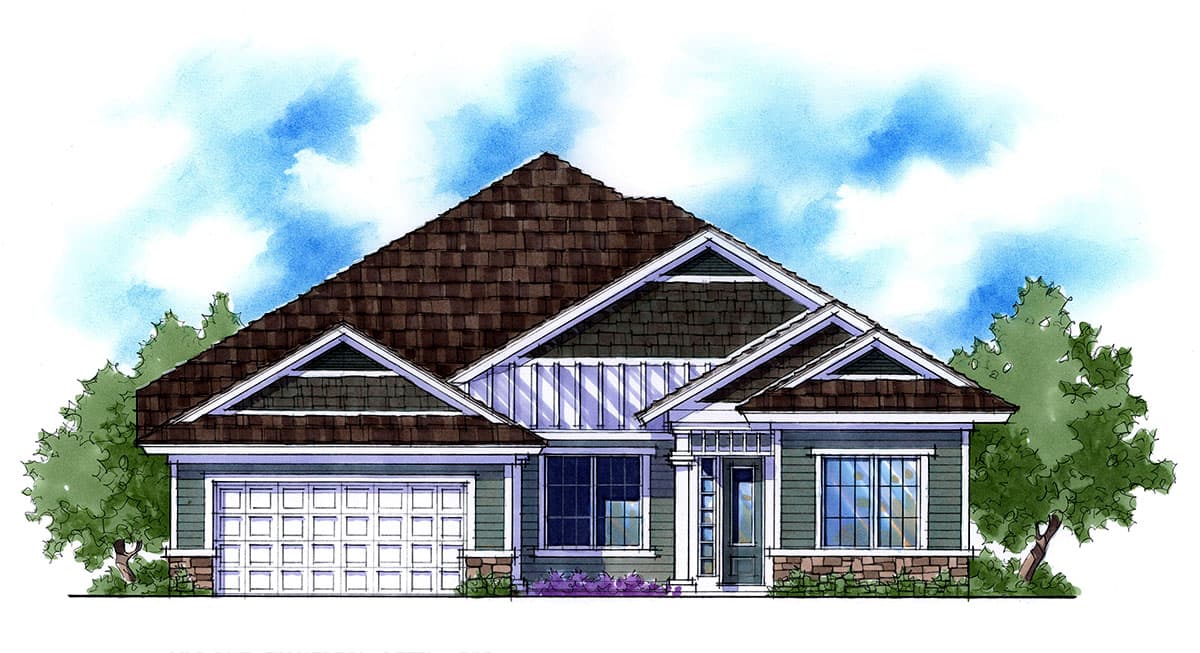 House plan exterior: one-story home with a prominent gable, covered front entry, and an attached two-car garage.