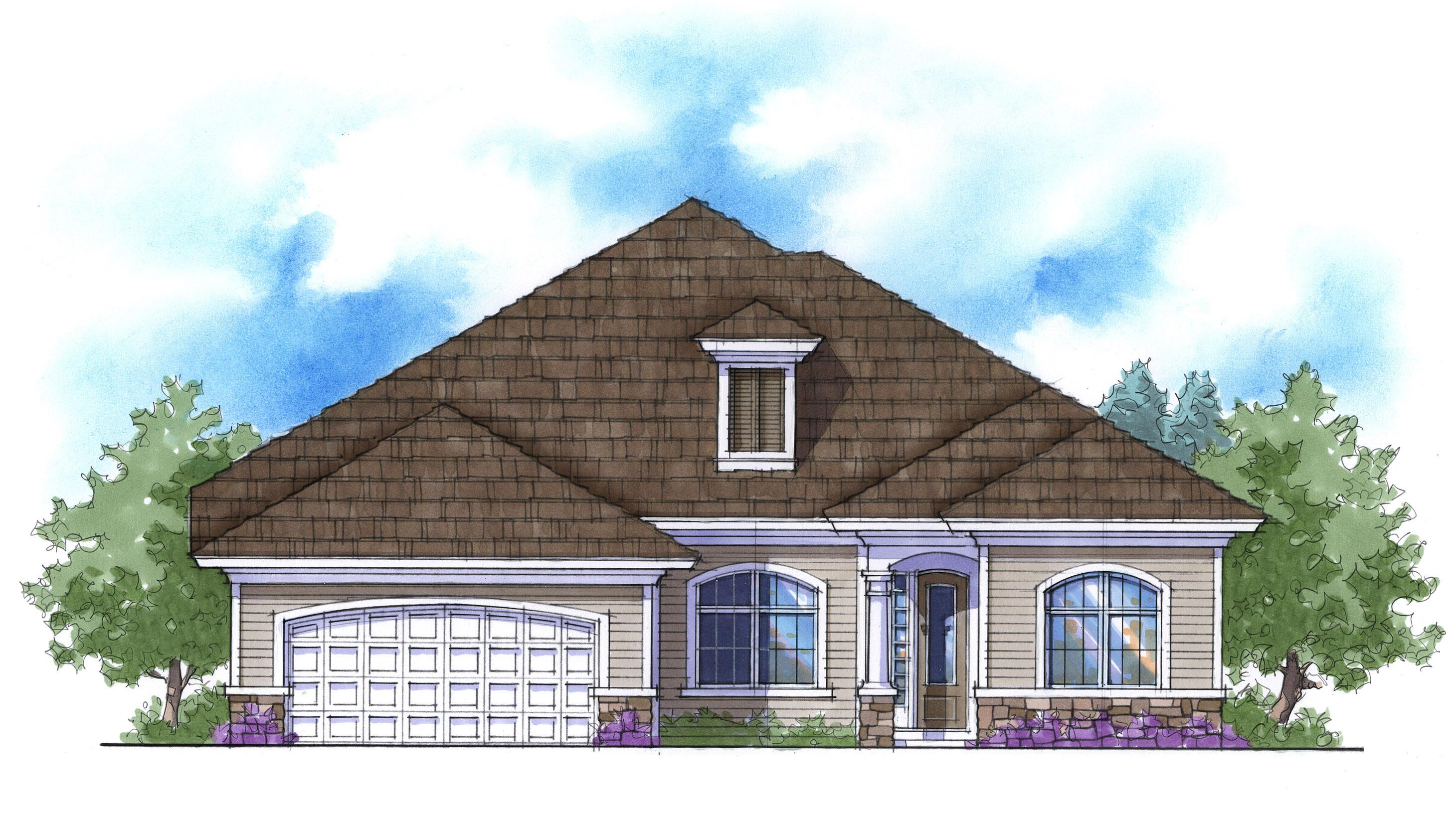 House plan exterior: One-story dwelling with hip roof, dormer, arched windows, and side-facing garage.