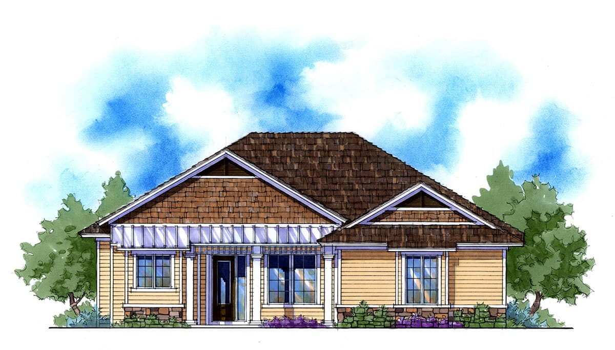 House plan exterior: Ranch style, one story, featuring shingle siding, gables, dormers, and covered porch with decorative supports.
