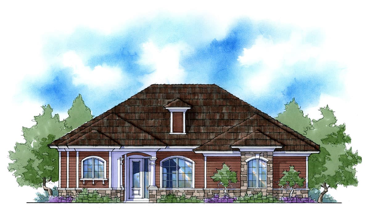 House plan exterior: One-story home with a large hipped roof, dormer, stone accents, arched windows, and covered entry.
