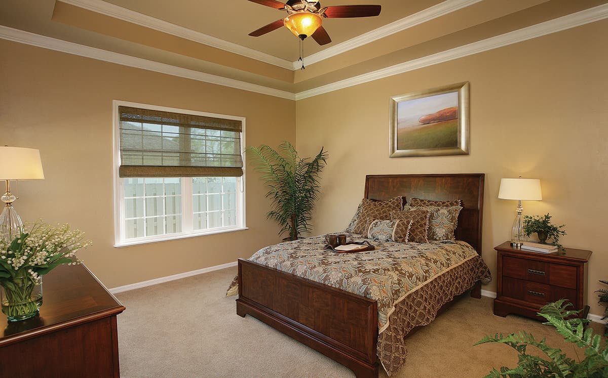 Bedroom with tray ceiling, wood bed, patterned bedding, and large window with roman shade.