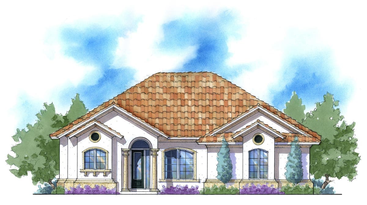 House plan exterior: Single-story home with tile roof, arched entryway, and symmetrical gabled dormers.