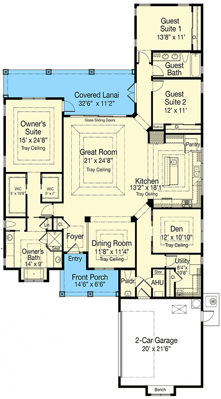 Plan 33027ZR: Contemporary Ranch Home Plan with 3 Beds Under 2600 Square Feet - Floor Plan - Main Level - Contemporary, Ranch, Southern, Traditional