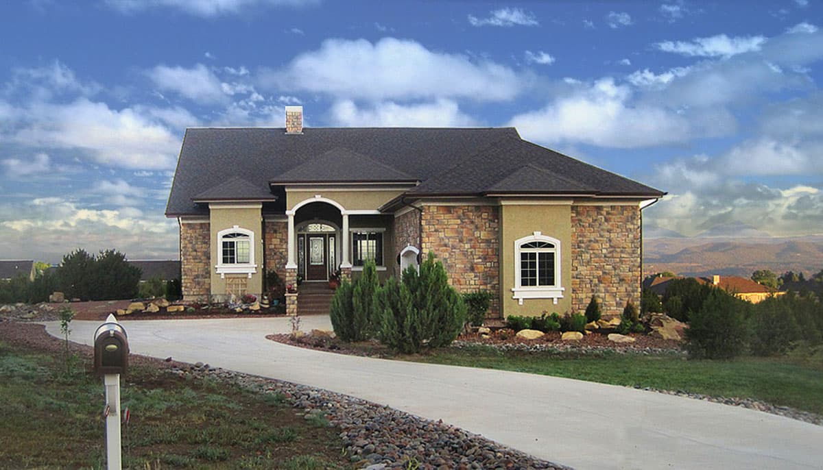 House plan exterior: One-story home with stone accents, arched entry porch with columns, and arched window.