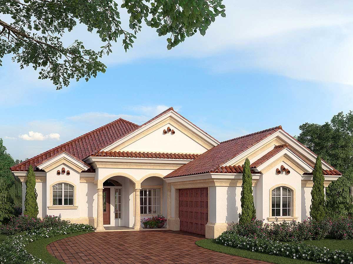 House plan exterior: Single-story Mediterranean style with a tile roof, arched entryway, and attached garage.