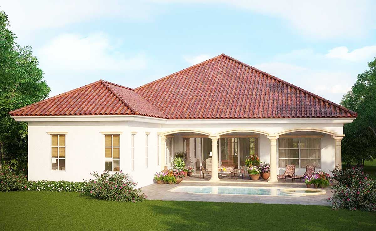 House plan exterior: Single-story Mediterranean style with tile roof, covered patio, and swimming pool.