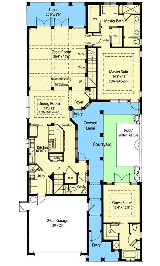 Plan 33030ZRX: Courtyard 2-Story Home Plan with Guest Cabana and Outdoor Fireplace - 3225 Sq Ft - Floor Plan - Main Level - Southern