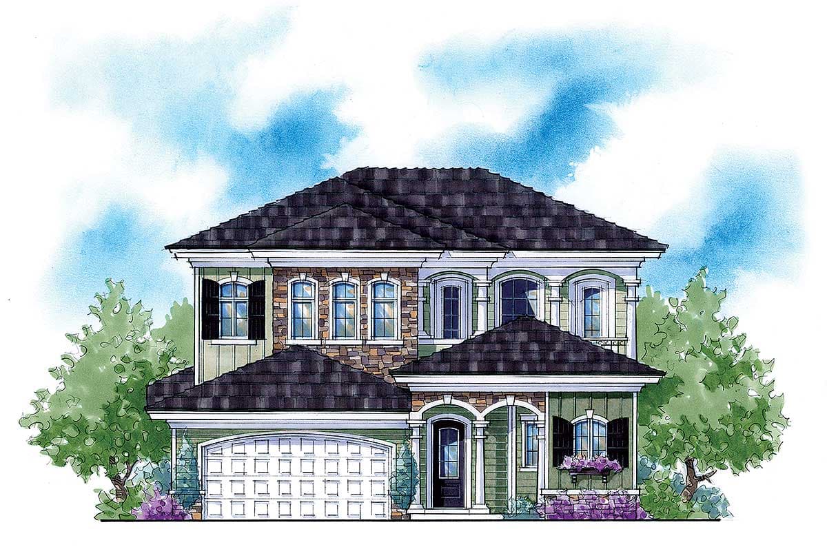 House plan exterior: Two-story home with arched windows, stone accents, front-facing garage, and covered entry.