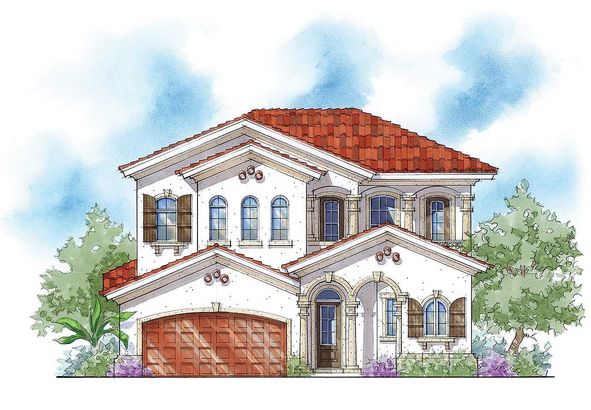 House plan exterior: Two-story Mediterranean style home with tile roof, arched windows, shutters, and attached garage.