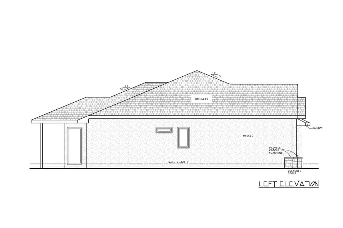 Left elevation house plan with stucco walls, shingled roof, and cultured stone foundation.