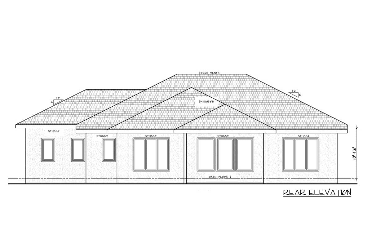 Rear elevation architectural drawing of a single-story house plan with stucco exterior, multi-pane windows, and a shingled hip roof with ridge vents.