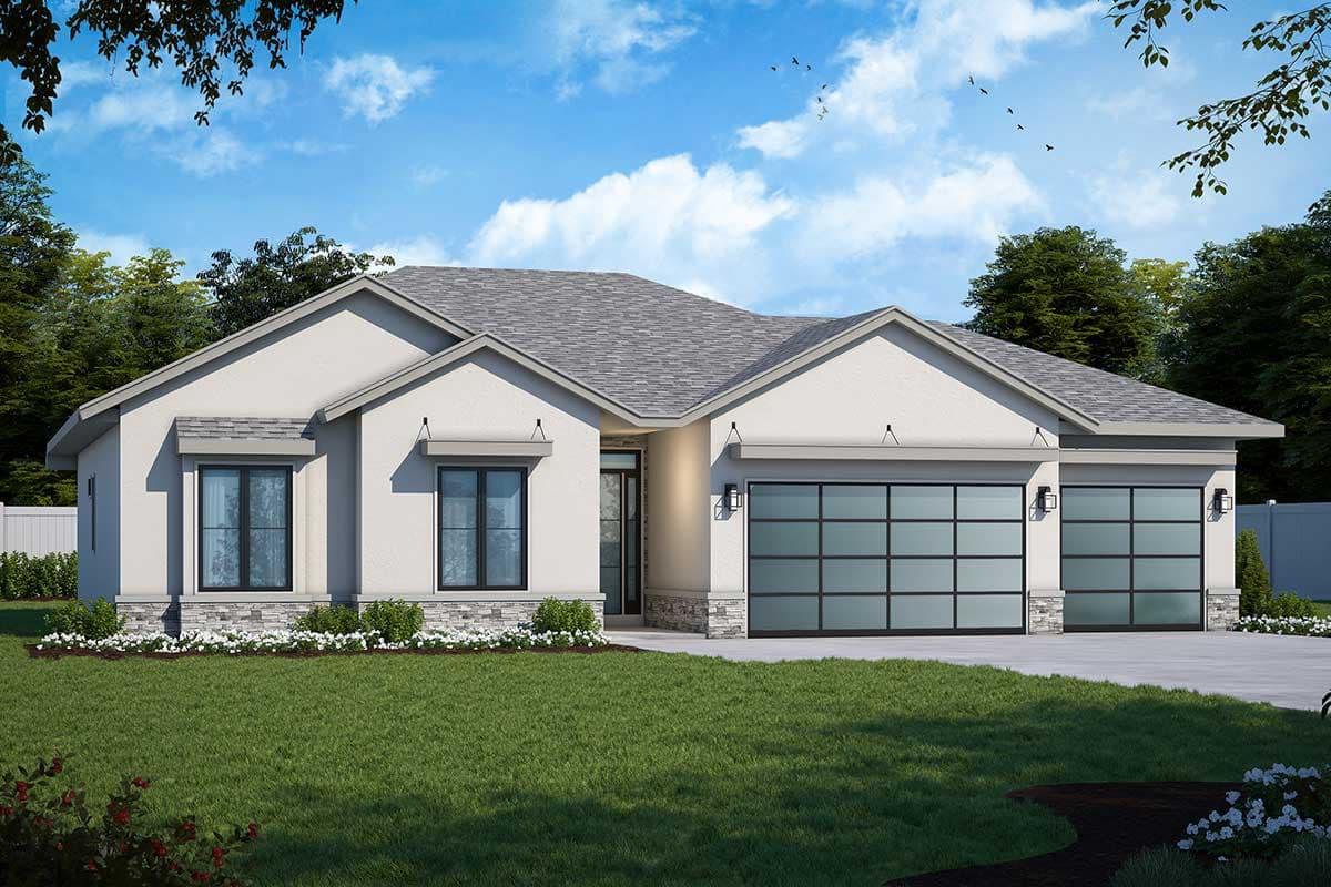 House plan exterior. Ranch style with a low-pitched roof, gabled rooflines, and a two-car garage with glass panel doors.