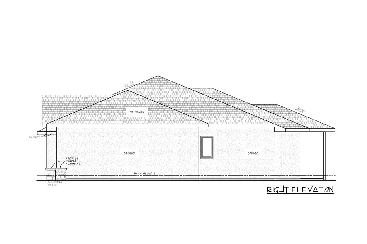 Right elevation house plan, stucco exterior with shingled roof, canopy, and cultured stone base.
